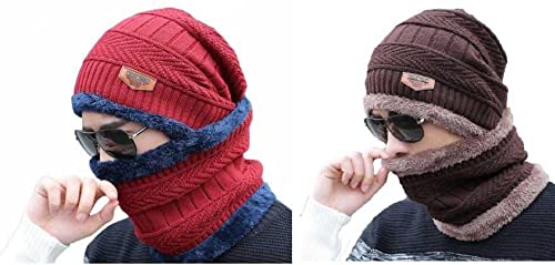 Winter Cap And Neck Elastic Knitting Thick Fleece / Hat & Neck Scarf Set 2 Piece(random Colors)