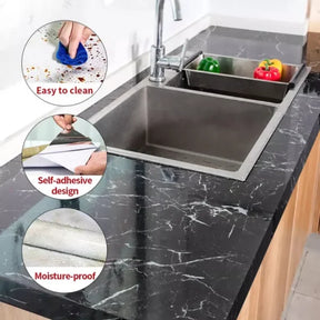 Self Adhesive Marble Sheet For Kitchen / Waterproof Anti Oil & Heat Resistant Wallpaper Sheet [black & white]