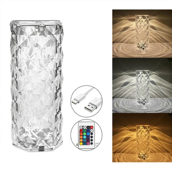 16 Colors Diamond Rose Crystal Touch Lamp / Bedside Acrylic Usb Rechargeable Table Lamp – With Remote