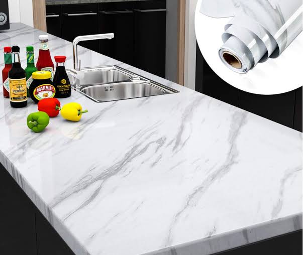 Self Adhesive Marble Sheet For Kitchen / Waterproof Anti Oil & Heat Resistant Wallpaper Sheet [black & white]