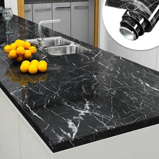 Self Adhesive Marble Sheet For Kitchen / Waterproof Anti Oil & Heat Resistant Wallpaper Sheet [black & white]