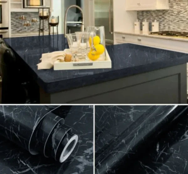 Self Adhesive Marble Sheet For Kitchen / Waterproof Anti Oil & Heat Resistant Wallpaper Sheet [black & white]